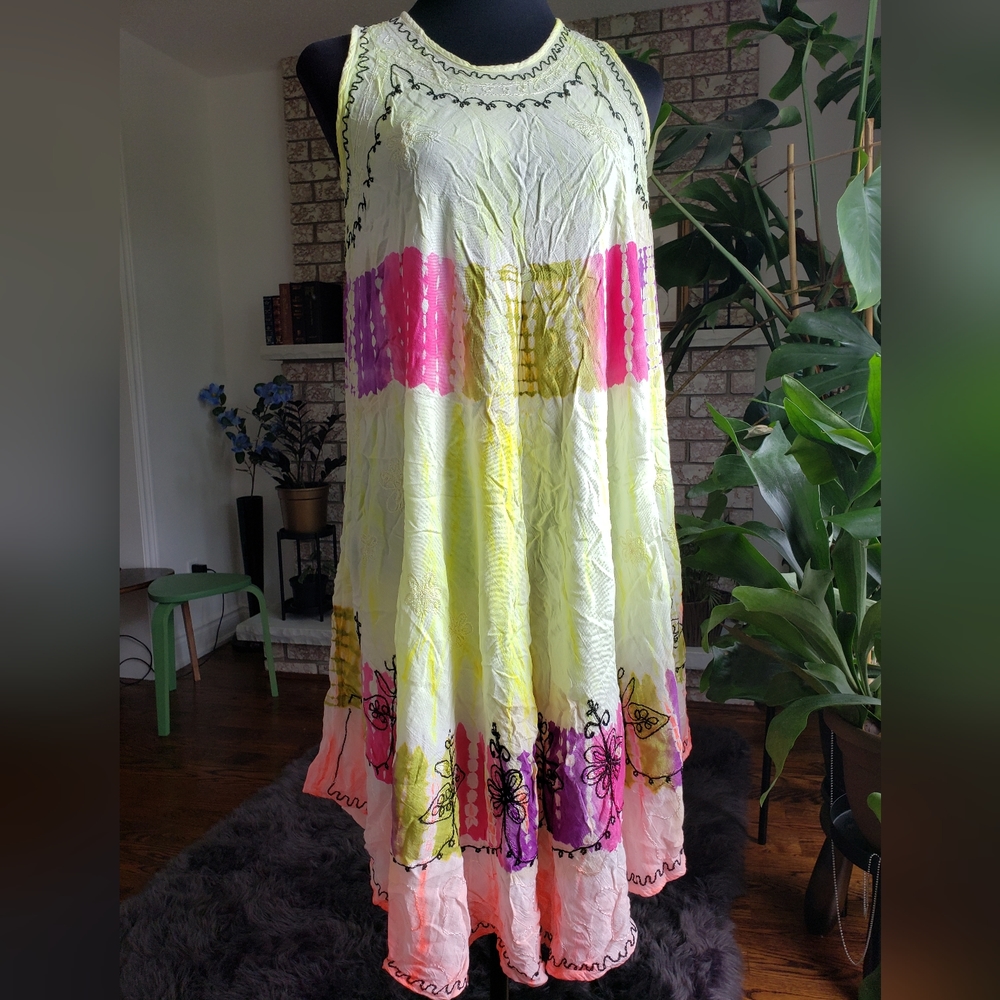 Summer Beach Flowy Tropical Print Cover Up Embroidered Dress Size M/L